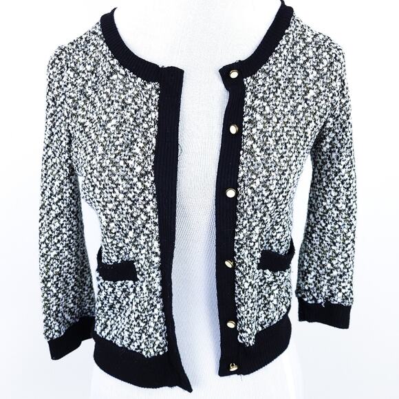 Monteau Sweater Cardigan Knit Black White Gold Metallic Small 3/4 Sleeves Fancy - Picture 1 of 8